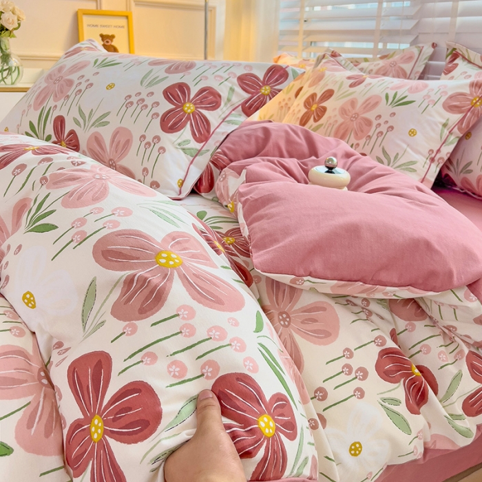 91家纺网 家纺一手货源 找家纺 暖芯优选 2025新款小清新印花全棉磨毛四件套 爱意花间