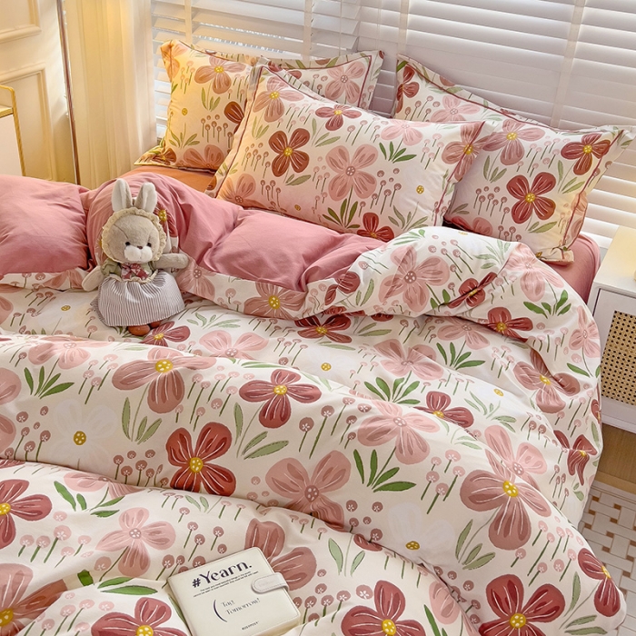 91家纺网 家纺一手货源 找家纺 暖芯优选 2025新款小清新印花全棉磨毛四件套 爱意花间