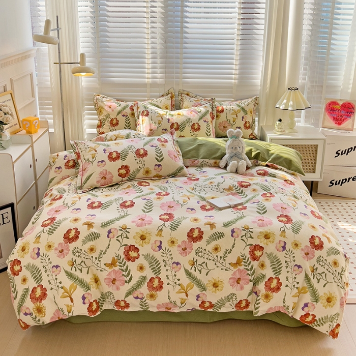 91家纺网 家纺一手货源 找家纺 暖芯优选 2025新款小清新印花全棉磨毛四件套 碧秋