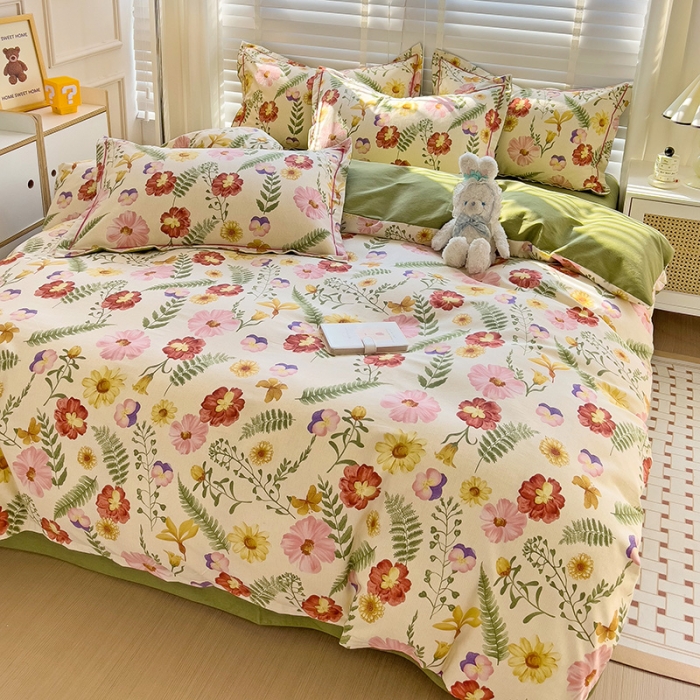 91家纺网 家纺一手货源 找家纺 暖芯优选 2025新款小清新印花全棉磨毛四件套 碧秋