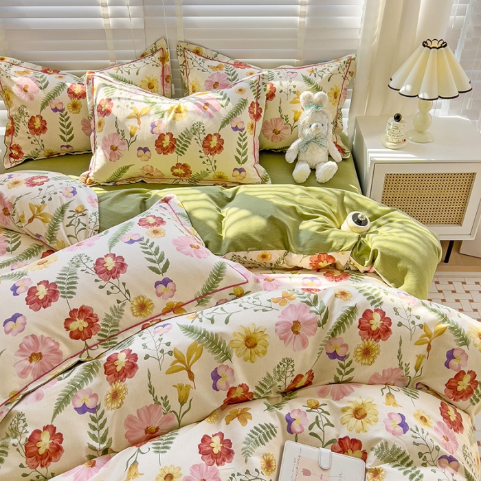 91家纺网 家纺一手货源 找家纺 暖芯优选 2025新款小清新印花全棉磨毛四件套 碧秋