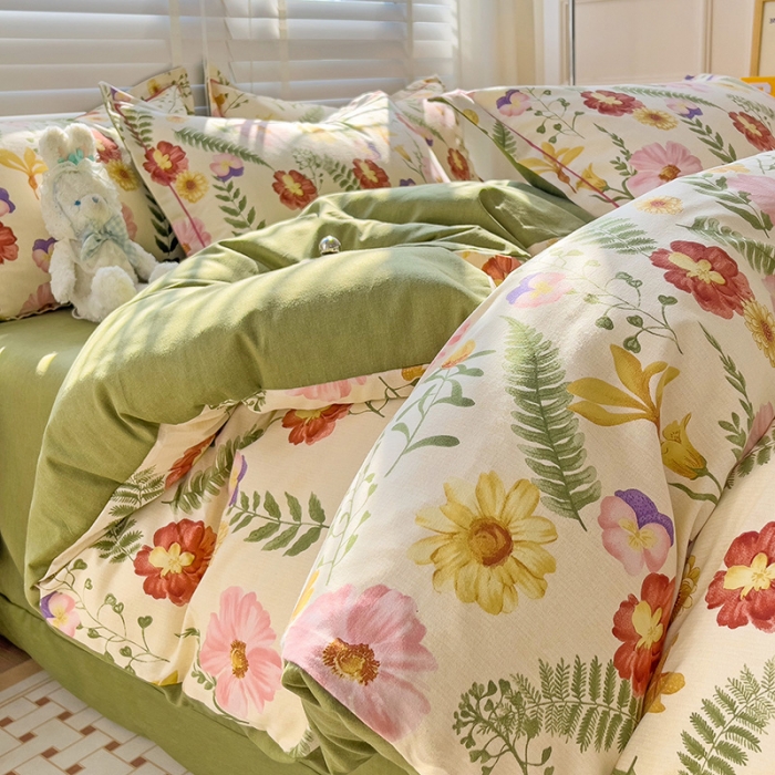 91家纺网 家纺一手货源 找家纺 暖芯优选 2025新款小清新印花全棉磨毛四件套 碧秋