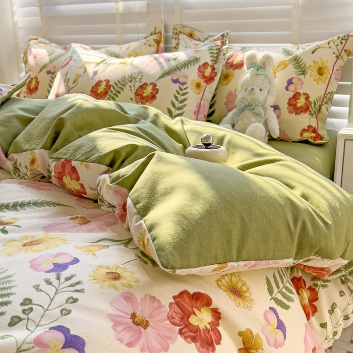 91家纺网 家纺一手货源 找家纺 暖芯优选 2025新款小清新印花全棉磨毛四件套 碧秋