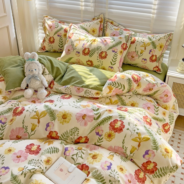 91家纺网 家纺一手货源 找家纺 暖芯优选 2025新款小清新印花全棉磨毛四件套 碧秋