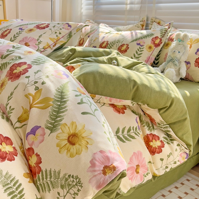 91家纺网 家纺一手货源 找家纺 暖芯优选 2025新款小清新印花全棉磨毛四件套 碧秋