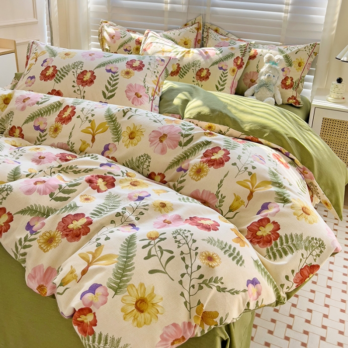 91家纺网 家纺一手货源 找家纺 暖芯优选 2025新款小清新印花全棉磨毛四件套 碧秋