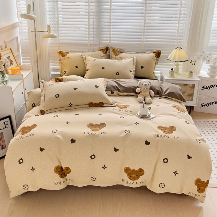 91家纺网 家纺一手货源 找家纺 暖芯优选 2025新款小清新印花全棉磨毛四件套 登威熊