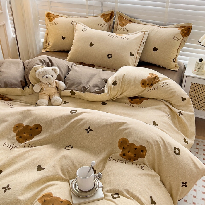 91家纺网 家纺一手货源 找家纺 暖芯优选 2025新款小清新印花全棉磨毛四件套 登威熊