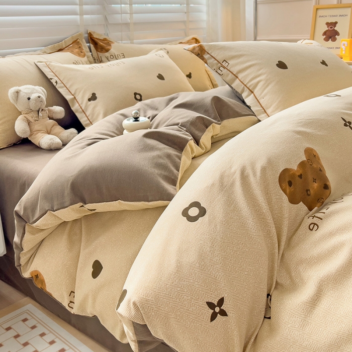 91家纺网 家纺一手货源 找家纺 暖芯优选 2025新款小清新印花全棉磨毛四件套 登威熊