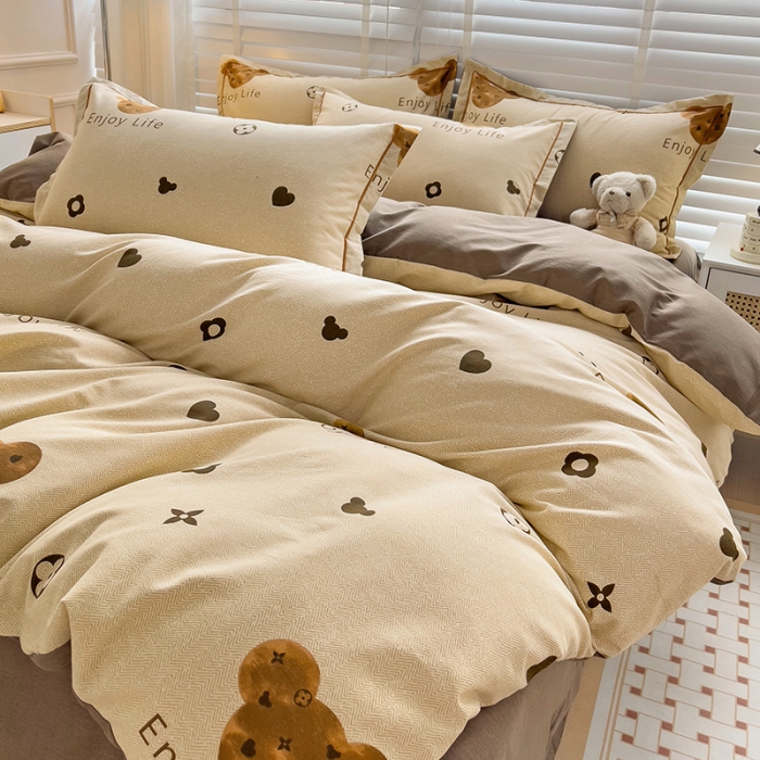 91家纺网 家纺一手货源 找家纺 暖芯优选 2025新款小清新印花全棉磨毛四件套 登威熊