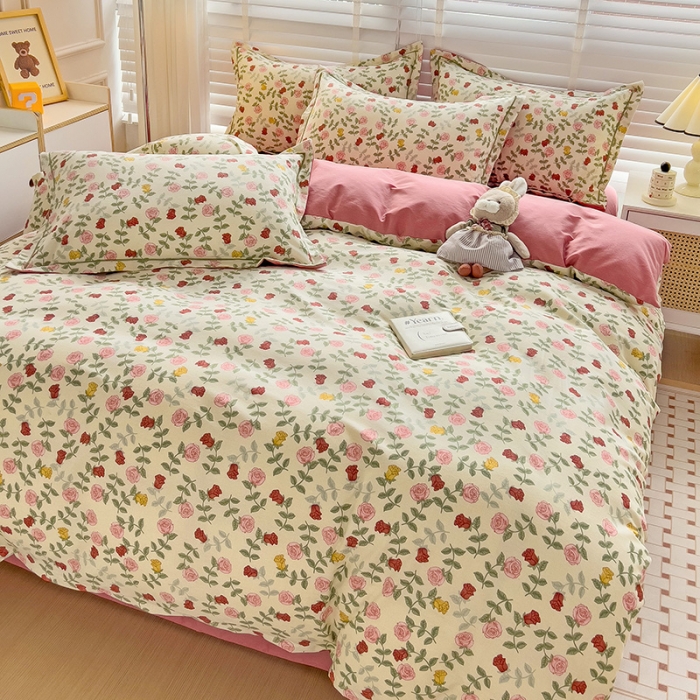 91家纺网 家纺一手货源 找家纺 暖芯优选 2025新款小清新印花全棉磨毛四件套 锦簇玫瑰