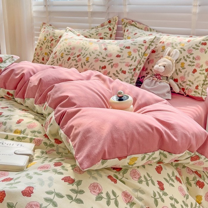 91家纺网 家纺一手货源 找家纺 暖芯优选 2025新款小清新印花全棉磨毛四件套 锦簇玫瑰