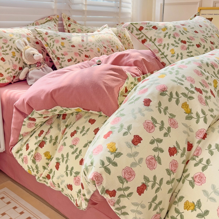 91家纺网 家纺一手货源 找家纺 暖芯优选 2025新款小清新印花全棉磨毛四件套 锦簇玫瑰