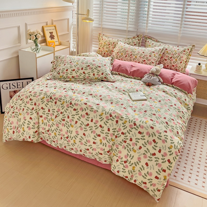 91家纺网 家纺一手货源 找家纺 暖芯优选 2025新款小清新印花全棉磨毛四件套 锦簇玫瑰