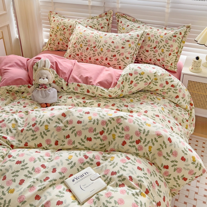 91家纺网 家纺一手货源 找家纺 暖芯优选 2025新款小清新印花全棉磨毛四件套 锦簇玫瑰