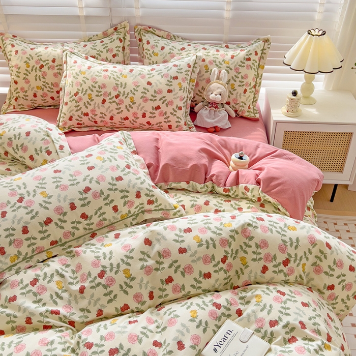 91家纺网 家纺一手货源 找家纺 暖芯优选 2025新款小清新印花全棉磨毛四件套 锦簇玫瑰