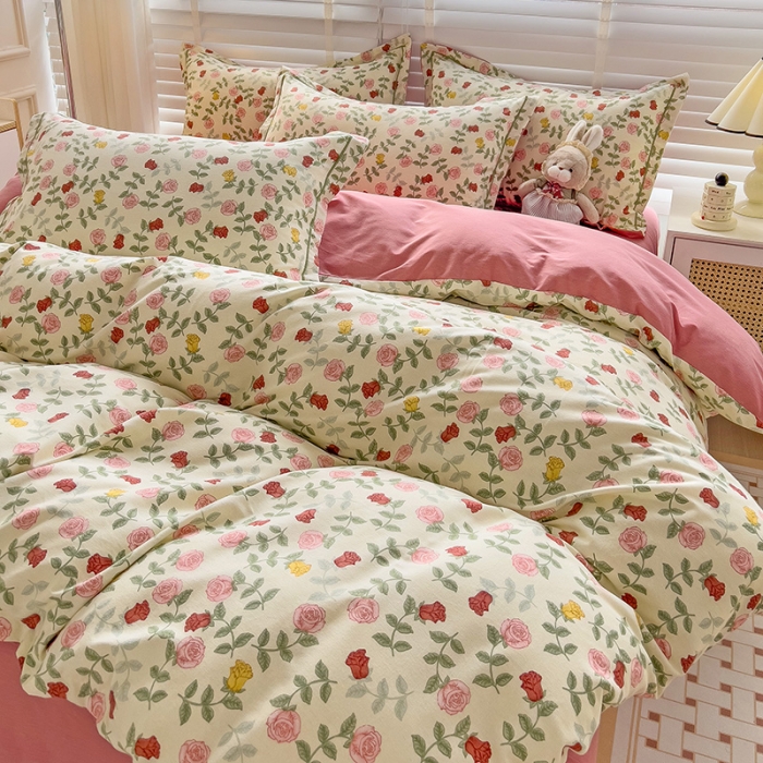 91家纺网 家纺一手货源 找家纺 暖芯优选 2025新款小清新印花全棉磨毛四件套 锦簇玫瑰