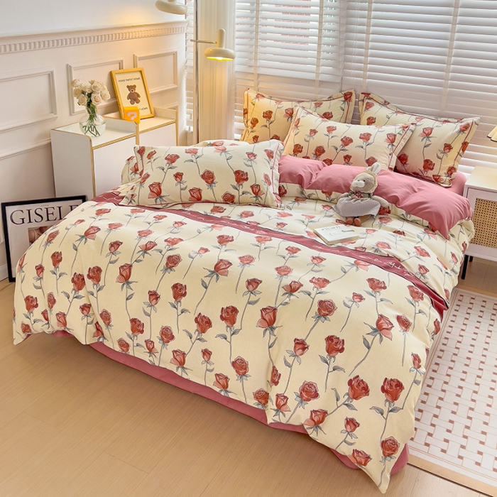 91家纺网 家纺一手货源 找家纺 暖芯优选 2025新款小清新印花全棉磨毛四件套 情人玫瑰