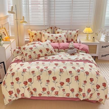 暖芯优选 2025新款小清新印花全棉磨毛四件套 情人玫瑰