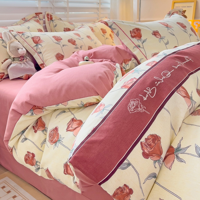 91家纺网 家纺一手货源 找家纺 暖芯优选 2025新款小清新印花全棉磨毛四件套 情人玫瑰