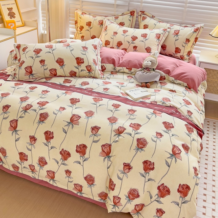 91家纺网 家纺一手货源 找家纺 暖芯优选 2025新款小清新印花全棉磨毛四件套 情人玫瑰