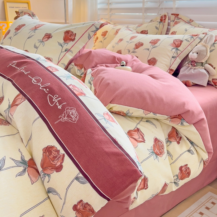 91家纺网 家纺一手货源 找家纺 暖芯优选 2025新款小清新印花全棉磨毛四件套 情人玫瑰