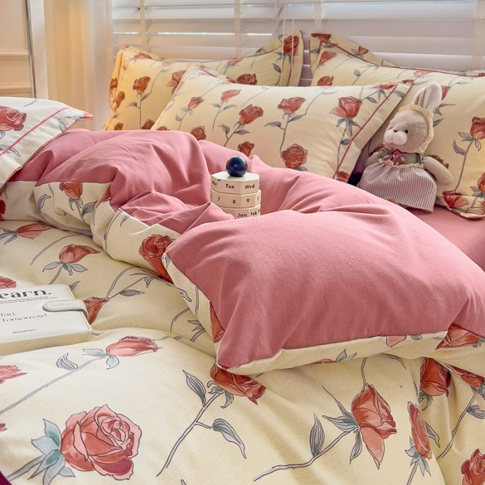 91家纺网 家纺一手货源 找家纺 暖芯优选 2025新款小清新印花全棉磨毛四件套 情人玫瑰