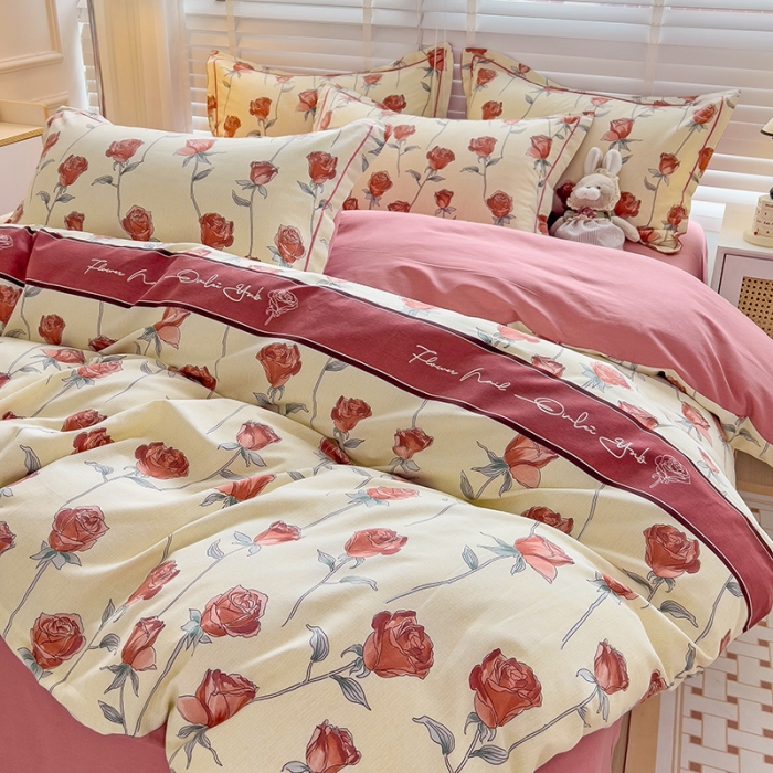 91家纺网 家纺一手货源 找家纺 暖芯优选 2025新款小清新印花全棉磨毛四件套 情人玫瑰