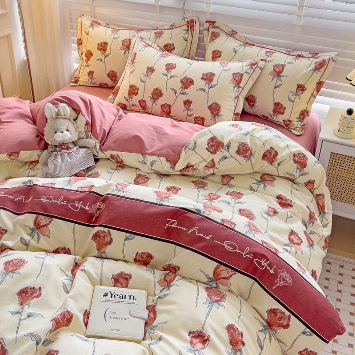 91家纺网 家纺一手货源 找家纺 暖芯优选 2025新款小清新印花全棉磨毛四件套 情人玫瑰