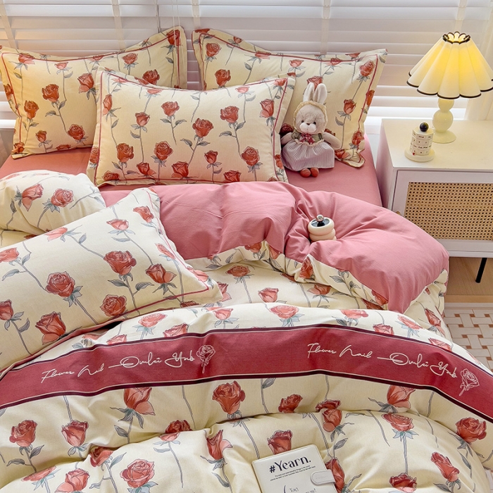 91家纺网 家纺一手货源 找家纺 暖芯优选 2025新款小清新印花全棉磨毛四件套 情人玫瑰