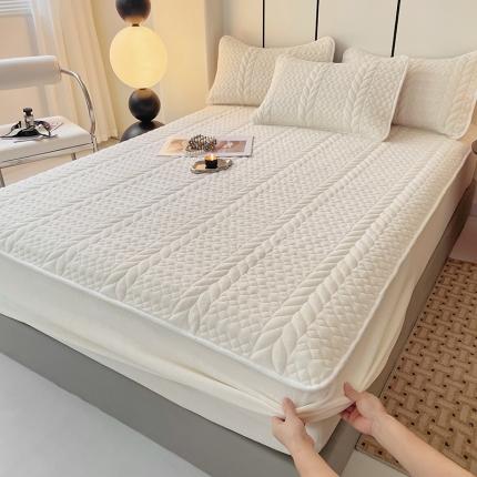 91家纺网 家纺一手货源 找家纺 牛奶绒轻奢夹棉床笠三件套床盖床罩床护垫床垫保护罩 轻奢-象牙白