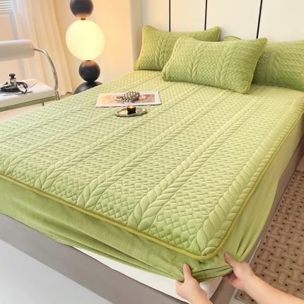 A类牛奶绒轻奢夹棉床笠三件套床盖床罩床护垫床垫保护罩 轻奢-果绿