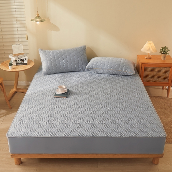 91家纺网 家纺一手货源 找家纺 总2024新款牛奶绒水晶绒纯色夹棉单床笠三件套席梦思床护垫