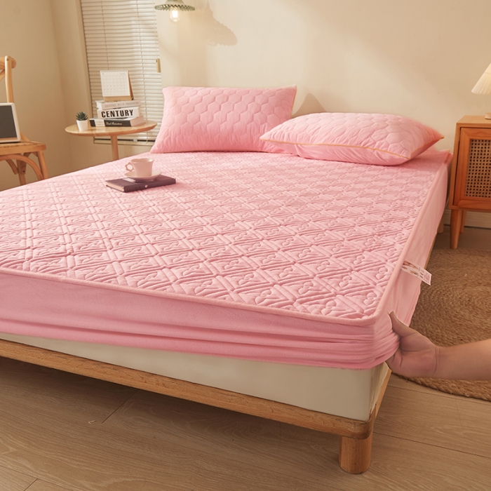 91家纺网 家纺一手货源 找家纺 胜权家纺 2023新款纯色牛奶水晶绒夹棉床笠-星辰 星辰-粉玉