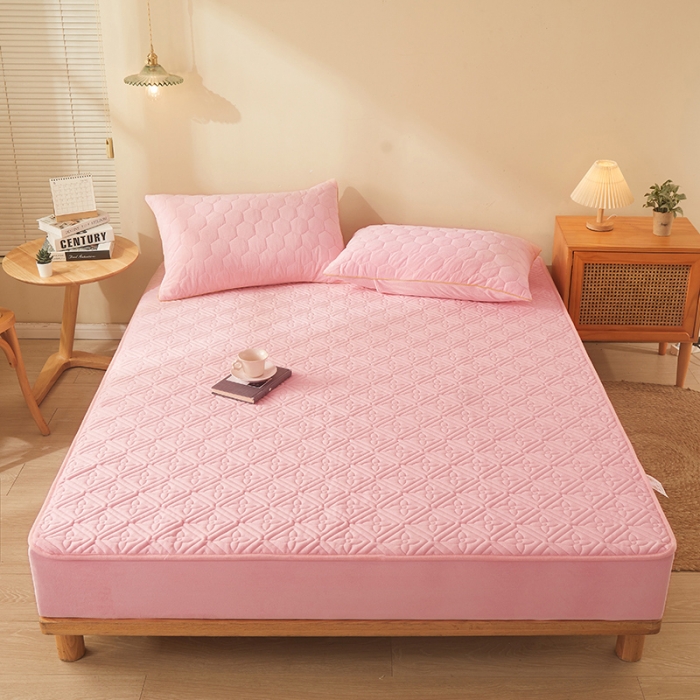 91家纺网 家纺一手货源 找家纺 胜权家纺 2023新款纯色牛奶水晶绒夹棉床笠-星辰 星辰-粉玉