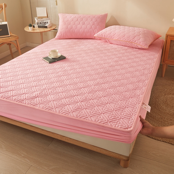 91家纺网 家纺一手货源 找家纺 胜权家纺 2023新款纯色牛奶水晶绒夹棉床笠-星辰 星辰-粉玉