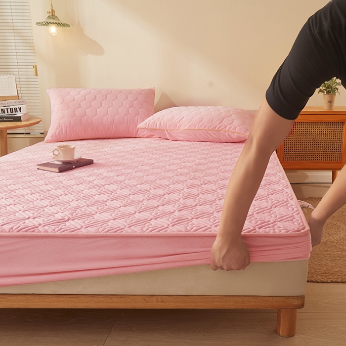 91家纺网 家纺一手货源 找家纺 胜权家纺 2023新款纯色牛奶水晶绒夹棉床笠-星辰 星辰-粉玉