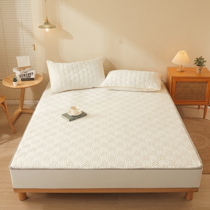 91家纺网 家纺一手货源 找家纺 胜权家纺 2023新款纯色牛奶水晶绒夹棉床笠-星辰 星辰-米白