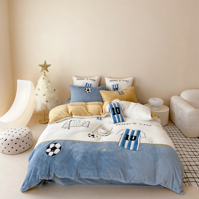 91家纺网 家纺一手货源 找家纺 （总）星野 2023新款高克重牛奶绒贴布绣四件套-致敬球王