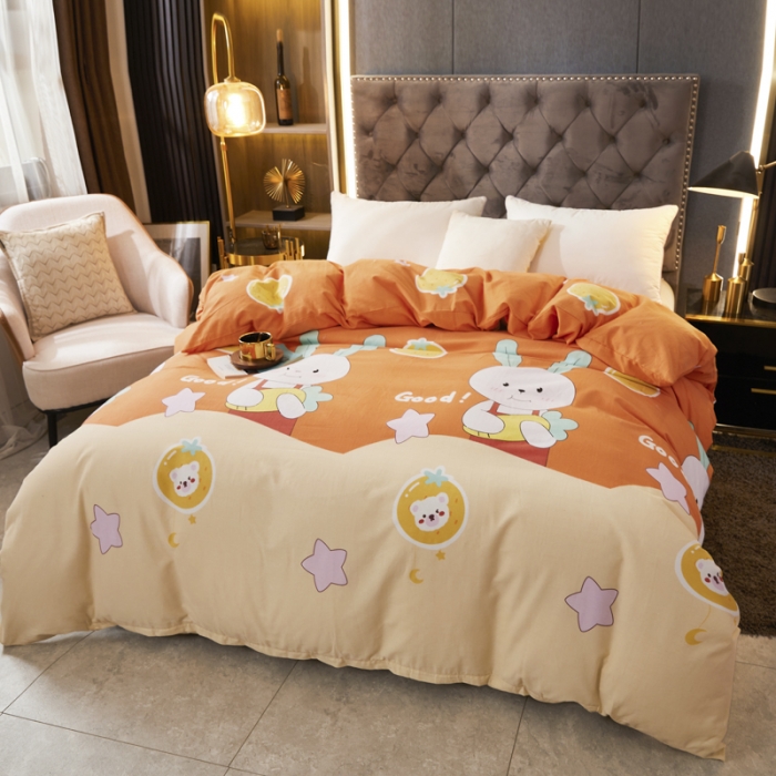 91家纺网 家纺一手货源 找家纺 伊而梦 2023新款全棉磨毛印花四件套系列单品被套 兔子家族-桔