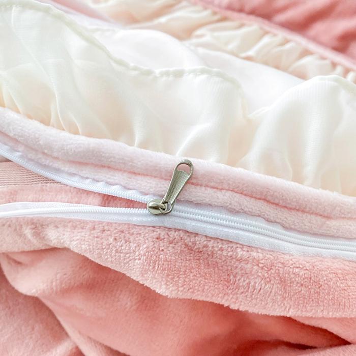 91家纺网 家纺一手货源 找家纺 苏米娜秋冬230g9.5斤全消光牛奶绒四件套法式公主风婴儿绒雪纺花边款