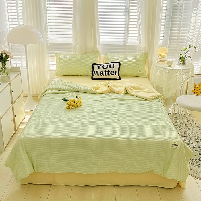 91家纺网 家纺一手货源 找家纺 暖芯优选 2023新款韩版泡泡纱水洗棉拼色床单夏被四件套 芥末绿