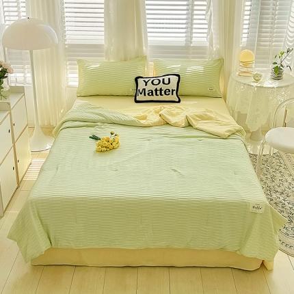 暖芯优选 2023新款韩版泡泡纱水洗棉拼色床单夏被四件套 芥末绿