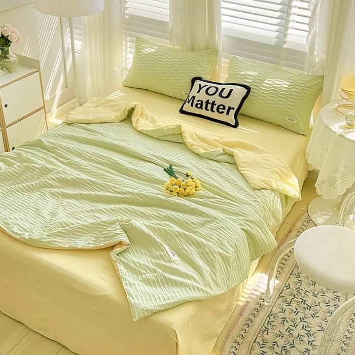 91家纺网 家纺一手货源 找家纺 暖芯优选 2023新款韩版泡泡纱水洗棉拼色床单夏被四件套 芥末绿