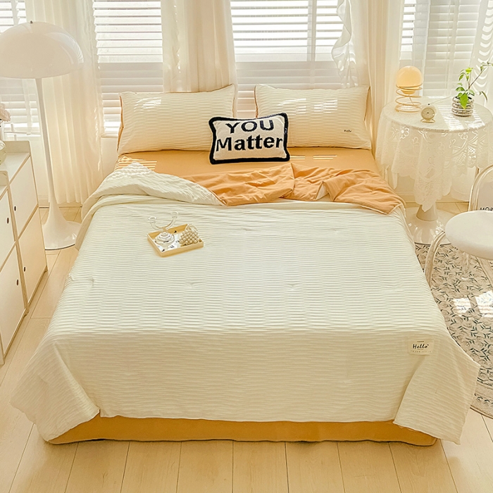 91家纺网 家纺一手货源 找家纺 暖芯优选 2023新款韩版泡泡纱水洗棉拼色床单夏被四件套 米白橙