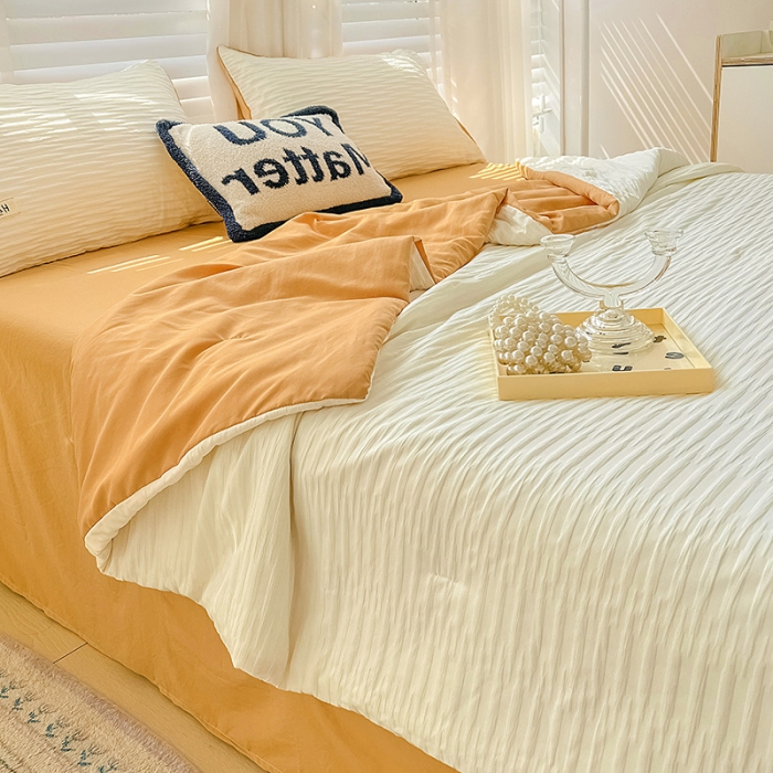 91家纺网 家纺一手货源 找家纺 暖芯优选 2023新款韩版泡泡纱水洗棉拼色床单夏被四件套 米白橙