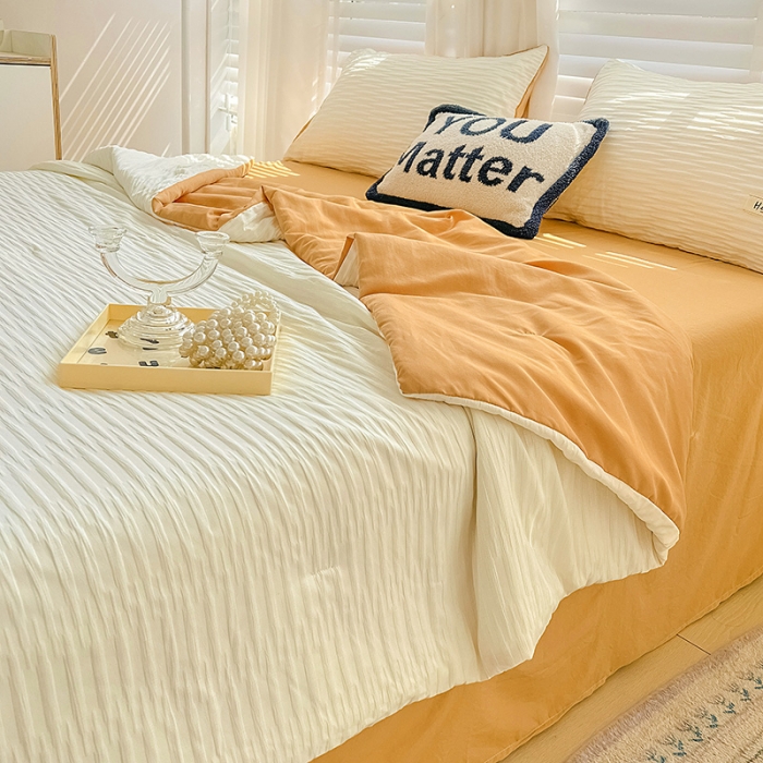 91家纺网 家纺一手货源 找家纺 暖芯优选 2023新款韩版泡泡纱水洗棉拼色床单夏被四件套 米白橙