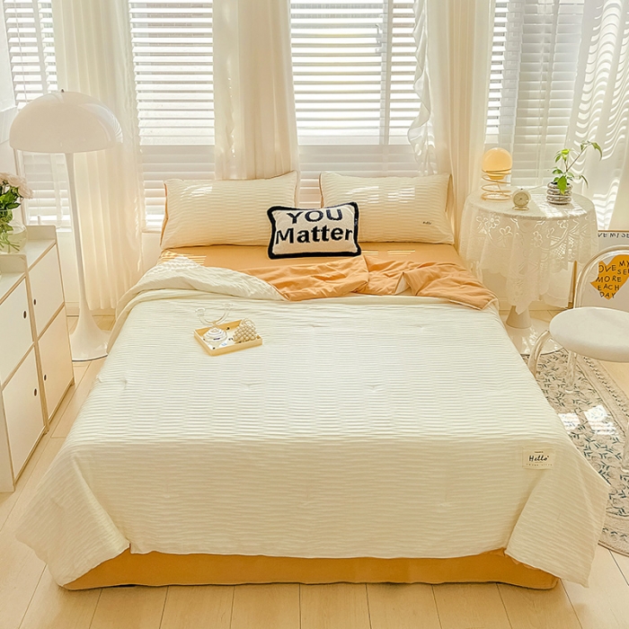 91家纺网 家纺一手货源 找家纺 暖芯优选 2023新款韩版泡泡纱水洗棉拼色床单夏被四件套 米白橙