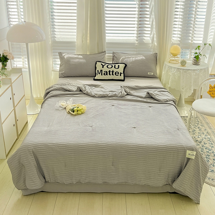 91家纺网 家纺一手货源 找家纺 暖芯优选 2023新款韩版泡泡纱水洗棉拼色床单夏被四件套 情调灰