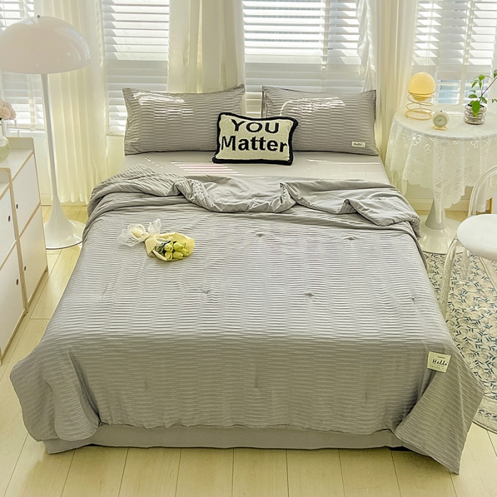 91家纺网 家纺一手货源 找家纺 暖芯优选 2023新款韩版泡泡纱水洗棉拼色床单夏被四件套 情调灰